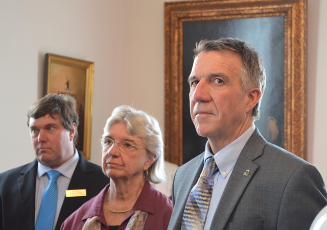 Gov. Phil Scott addressed the status of budget negotiations during a bill-signing ceremony at the Statehouse Wednesday. - ALICIA FREESE