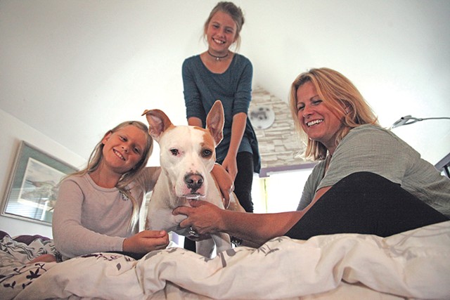 Left to right: Emma, Kada and Kashka Orlow with their dog, Lola - MATTHEW THORSEN