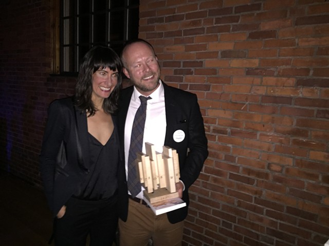 Allison Titus and Jensen Beach, holding his Vermont Book Award made by artist Jesse Cooper - MARGOT HARRISON