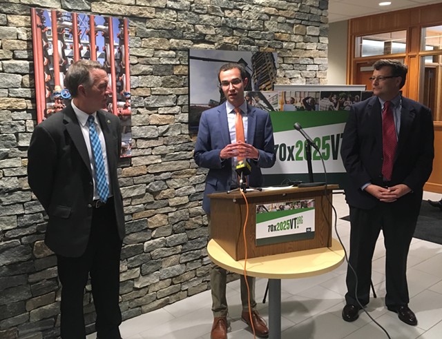Tom Cheney, director of 70x2025vt, is flanked by Gov. Phil Scott (left) and Vermont Student Assistance Corporation president Scott Giles on Tuesday. - TERRI HALLENBECK