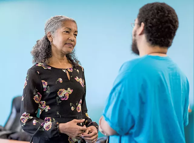 Bev Colston (left) speaking to a student - OLIVER PARINI