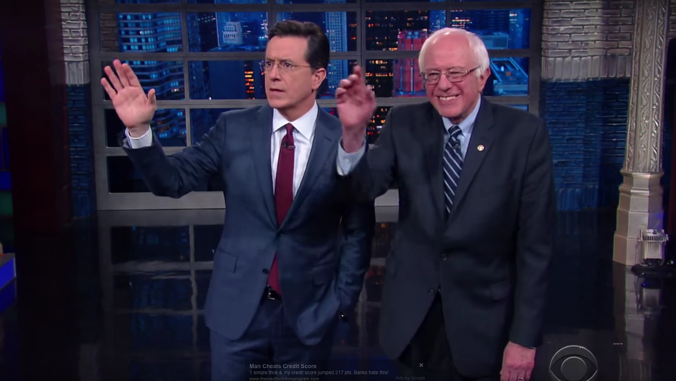 Bernie Bits Sanders Drinks Beer on 'Colbert,' Eats Ice Cream on 'The