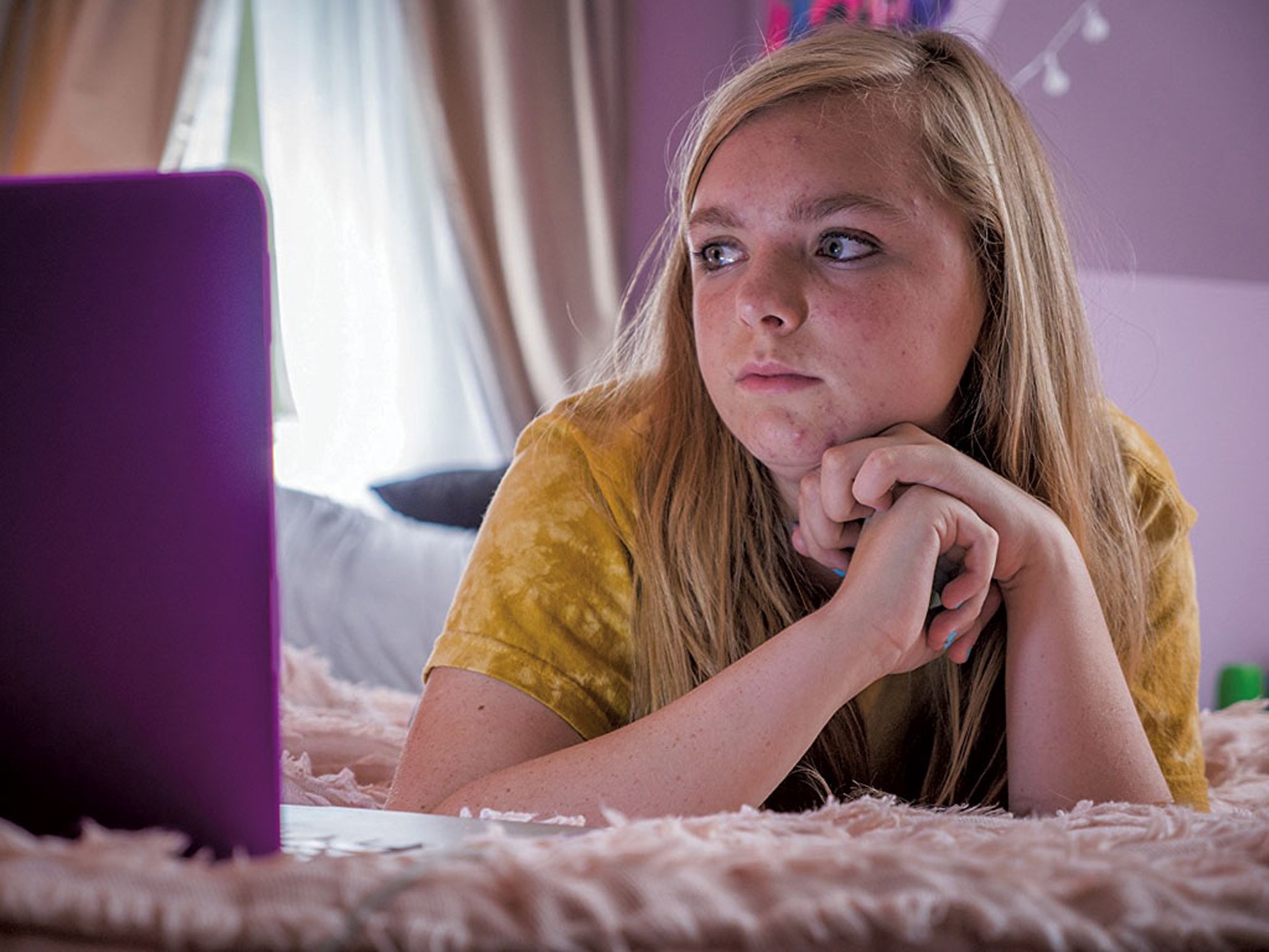 SCREEN SCENE Fisher plays a middle schooler who feels safer online than off- in Burnham’s powerful, sensitive debut feature.