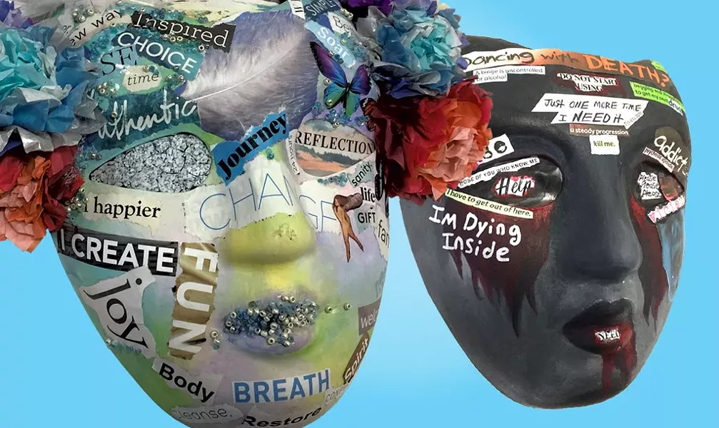 A recovery mask by Sara Glasgow and an addiction mask by "Anna" - CATHY RESMER