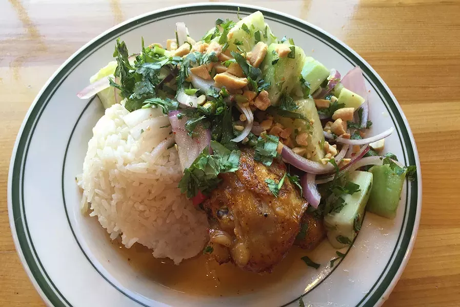 Chile-lime chicken-leg plate at Lucky Next Door - SALLY POLLAK