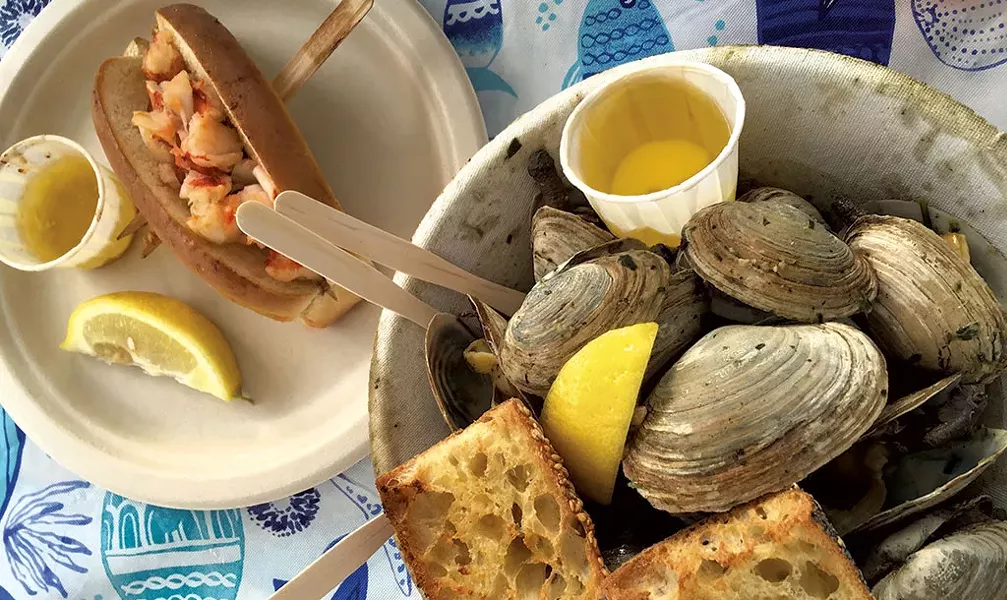 Steamed clams and a lobster roll at Cans 'n' Clams - SALLY POLLAK