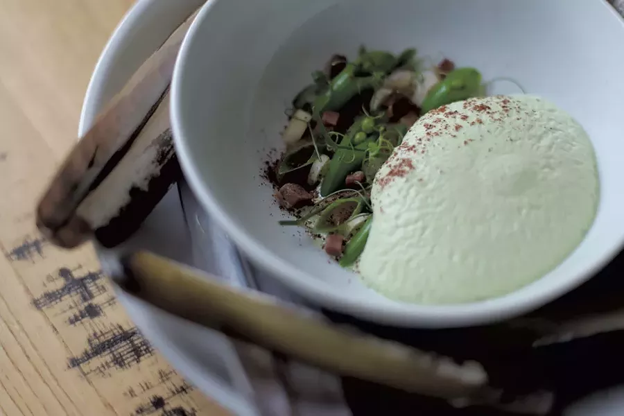 Wild Roots' razor clams with peas and pea crema - SARAH PRIESTAP