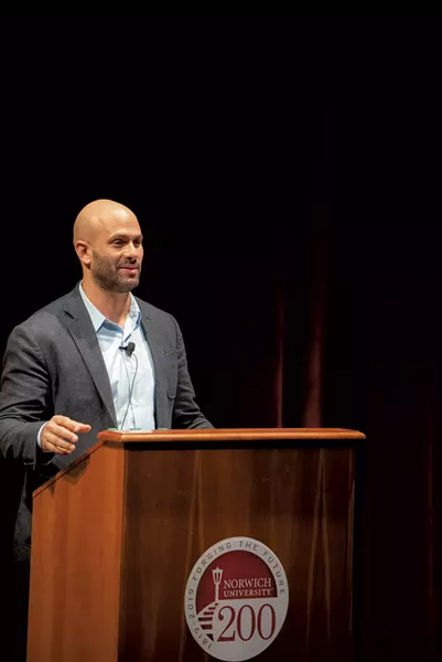 Sam Kass speaking at Norwich University - COURTESY OF MARK COLLIER/NORWICH UNIVERSITY