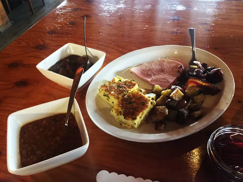 Ragout of meatballs and pigs' feet, ham, pork jowls, potatoes, omelette, and fèves au lard - MOLLY ZAPP