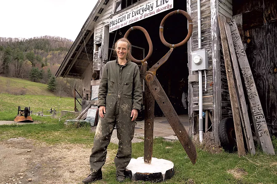 Clare Dolan with scissor sculpture by Martin McGowan - DON WHIPPLE