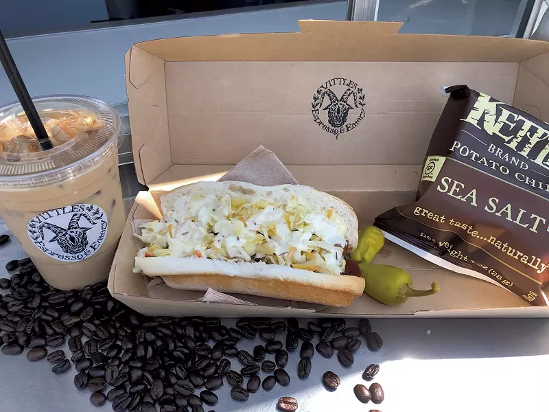 Iced latte and Belafonte hot dog (with mayo, barbecue sauce and slaw) at Vittles Espresso & Eatery