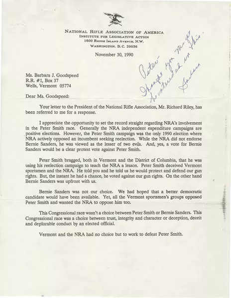 A November 30, 1990, letter from NRA lobbyist Mary Kaaren Jolly explaining the organization's support for Sanders - VERMONT HISTORICAL SOCIETY