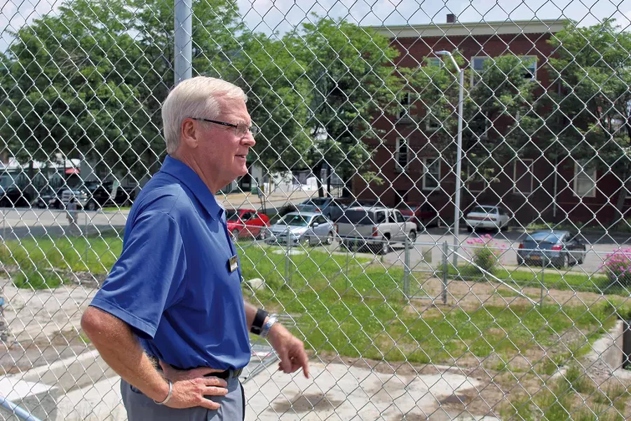 Bill Stenger surveys the Newport Renaissance Block site - PAUL HEINTZ