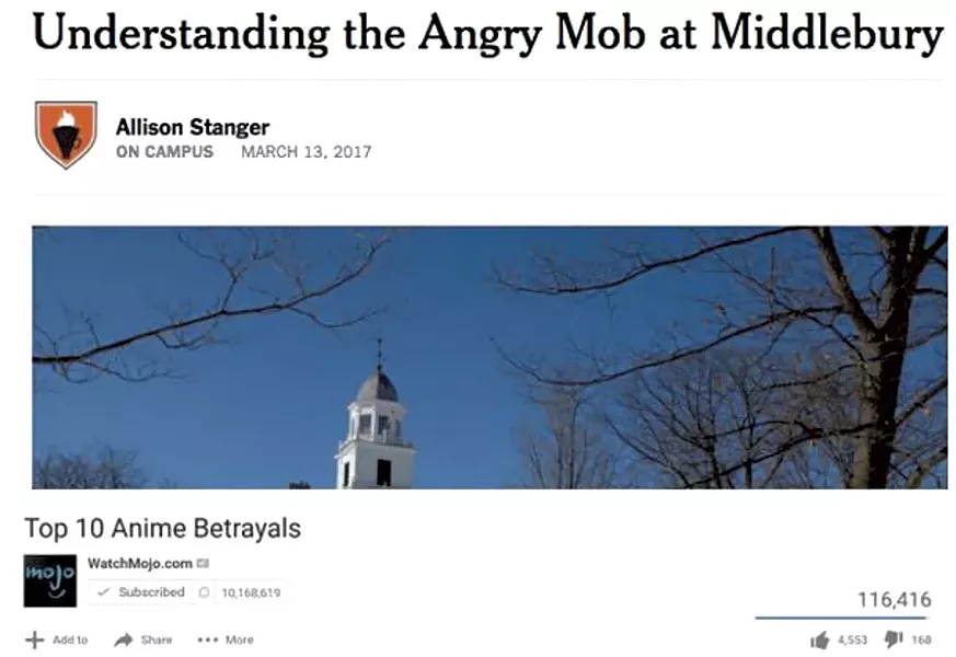 Katie Corrigan’s first meme in the Middlebury Memes for Crunchy Teens group, equating professor Allison Stanger’s New York Times op-ed to an anime betrayal