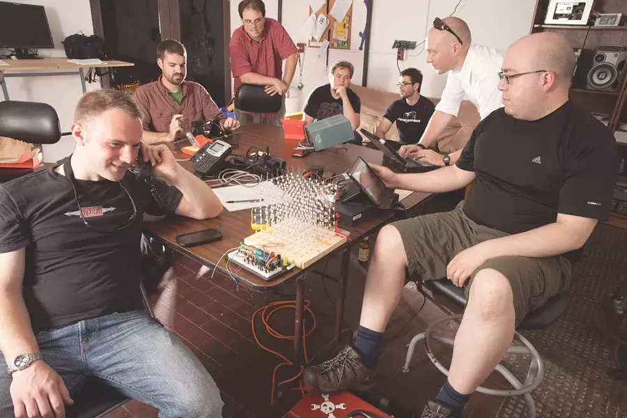 left to right: Doug Smith, Chad Loseby, Justin England, Jesse Krembs, Gabe Koss, Aaron Minard, of Laboratory B - MATTHEW THORSEN