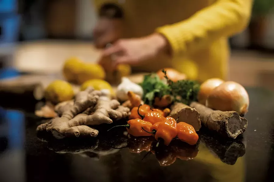Some of the Yerbary Master Tonic base ingredients: onion, habañero, horseradish root, ginger, garlic and turmeric - LUKE AWTRY