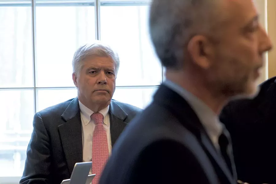 Agency of Human Services Secretary Mike Smith (left) watching Brattleboro Retreat CEO Louis Josephson testify in Montpelier - COLIN FLANDERS