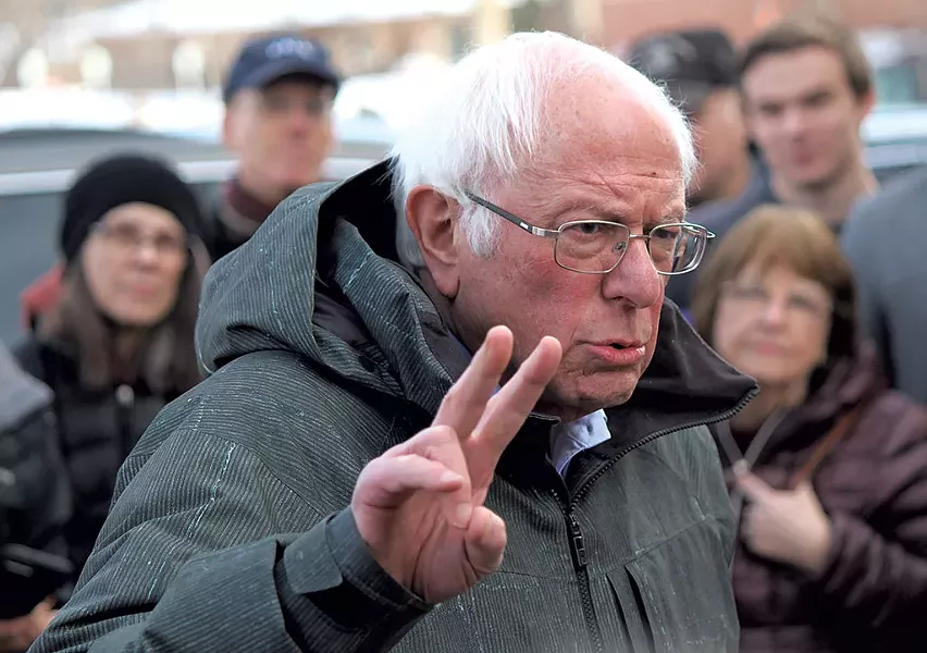 Sen. Bernie Sanders outside a Grinnell coffee shop - PAUL HEINTZ