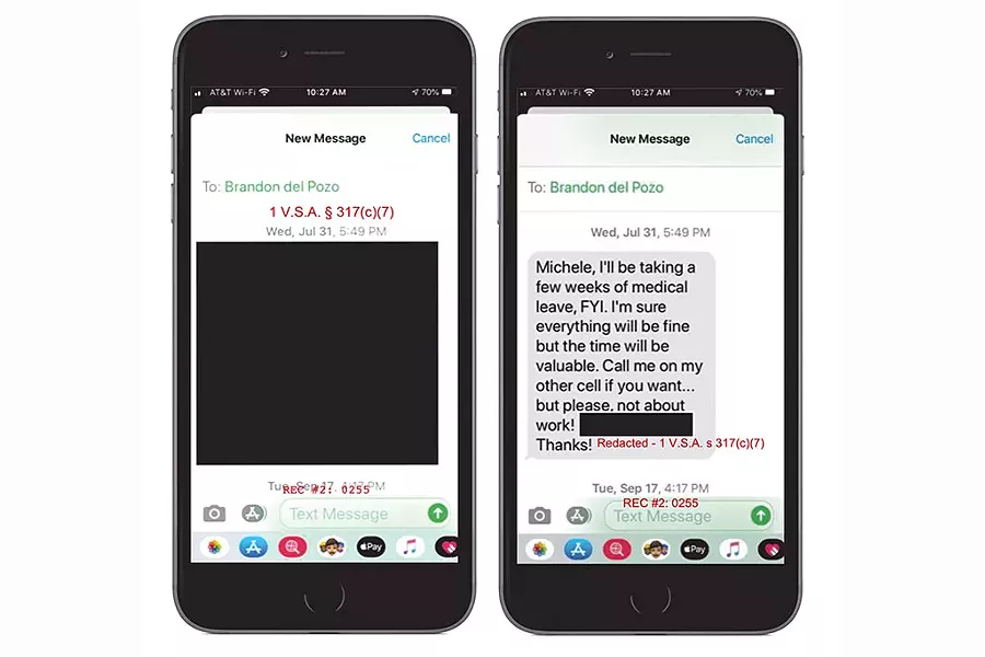Burlington initially redacted this text message Brandon del Pozo sent to a Burlington Police Commission member. The city released it after an appeal.