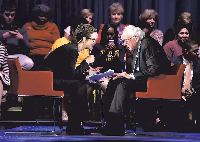 MSNBC's Rachel Maddow interviews Bernie Sanders at a forum Friday in Rock Hill, SC. - COURTESY OF MSNBC