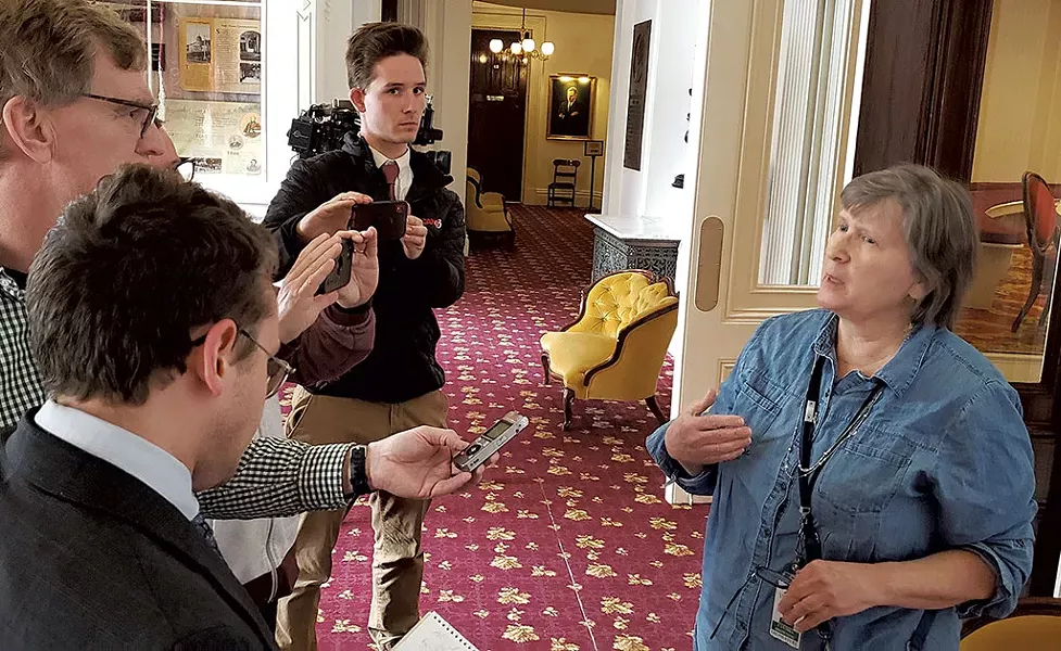 Rep. Cynthia Browning talking to reporters in March - KEVIN MCCALLUM