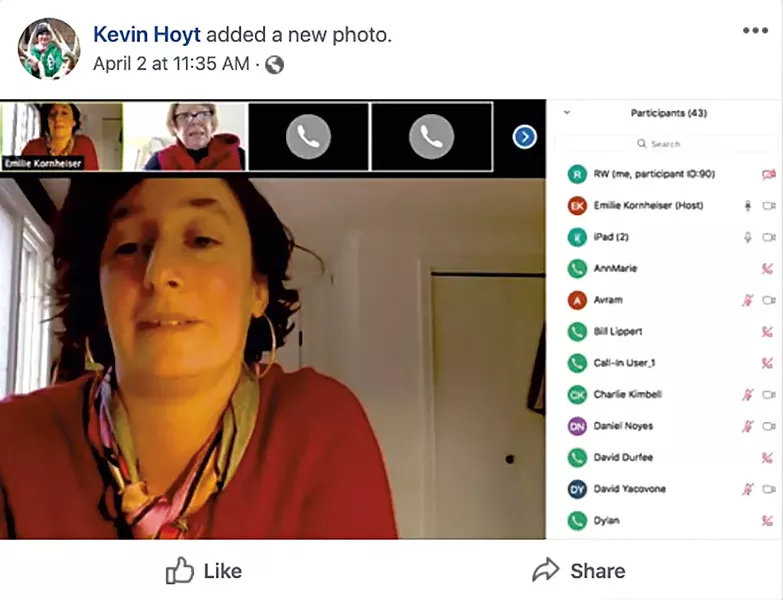 Screenshot of Kevin Hoyt’s Facebook page showing Rep. Emilie Kornheiser moderating a Zoom meeting