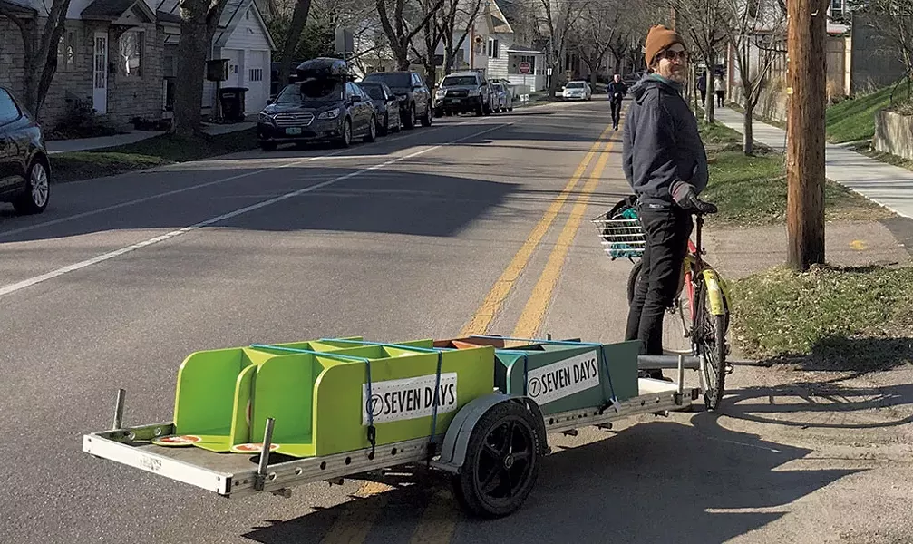 Circulation deputy Jeff Baron testing out a DIY bike trailer prototype - REV. DIANE SULLIVAN