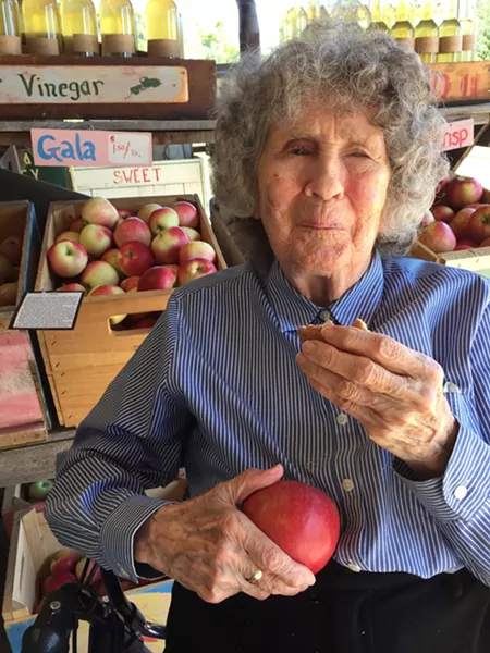 Jane Denker on her 99th birthday, enjoying a visit to Shelburne Orchards