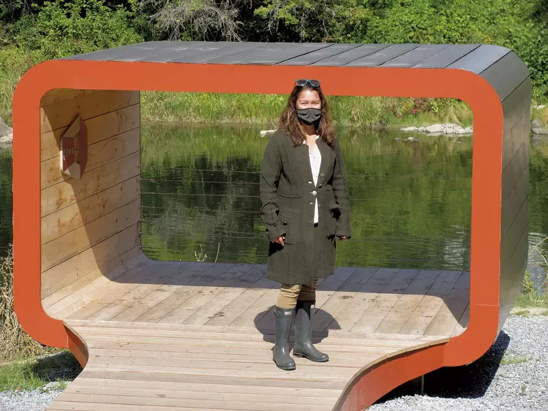 Lisa Mitchell in front of "Oona's Bridge" by Silver Maple Construction - AMY LILLY