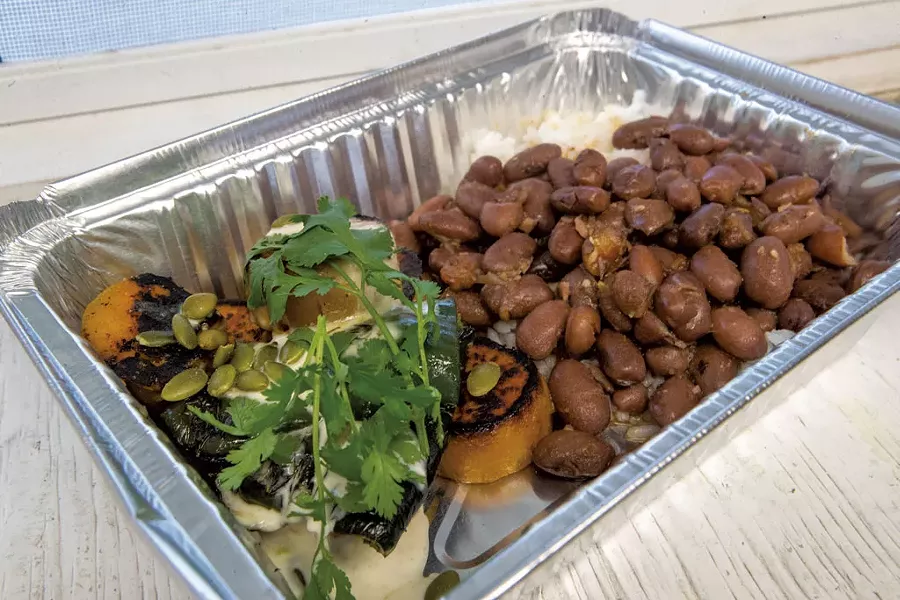 Roasted sweet potatoes with poblanos, crème fraîche, pumpkin seeds, cilantro, rice and beans - JAMES BUCK