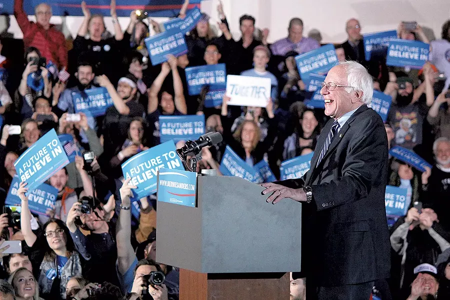 Bernie Sanders addresses the crowd in Concord following his victory in the New Hampshire Democratic Primary on Tuesday. - PAUL HEINTZ