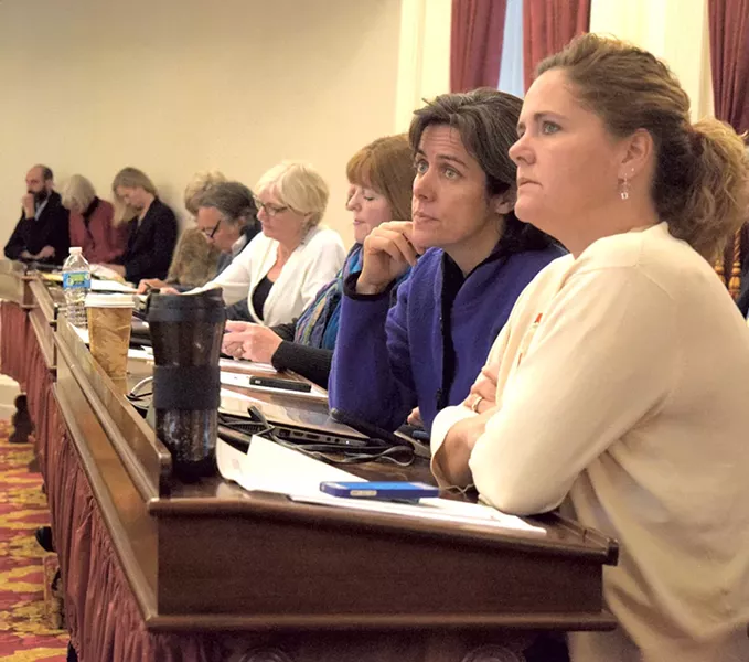 House Majority Leader Sarah Copeland Hanzas, right, and Appropriations Committee chair Mitzi Johnson in he House chamber - TERRI HALLENBECK