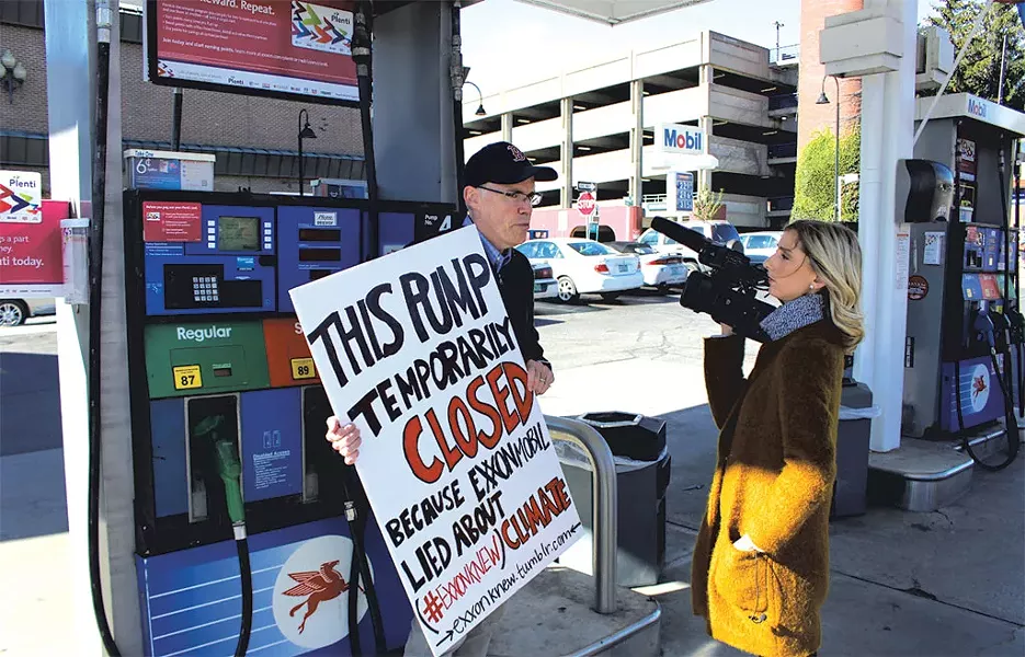 Bill McKibben protesting at Handy’s Mobil in Burlington - FILE: PAUL HEINTZ