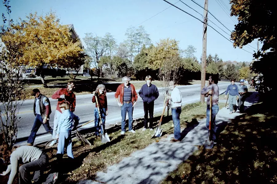 Bernie Sanders and volunteers planting trees on North Avenue in Burlington, 1985 - COURTESY OF WARREN SPINNER