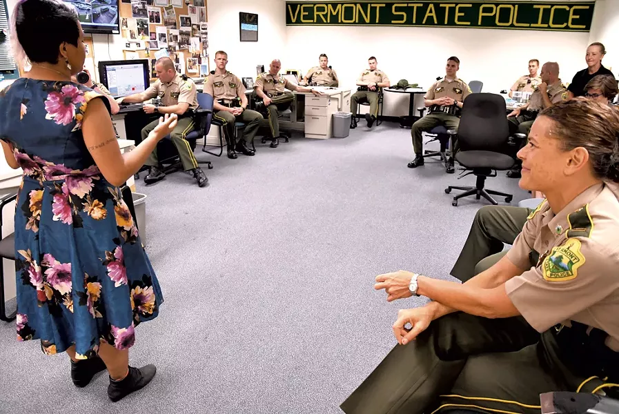 Catarina Campbell speaking to the troopers - LEE KROHN