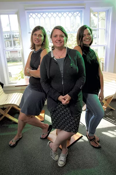 Left to right: Julie Miller-Johnson and Hub cofounders Kristin Humbargar and Elissa Koop - MATTHEW THORSEN
