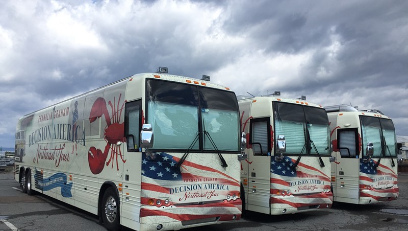 Franklin Graham's tour buses at Perkins Pier on Monday