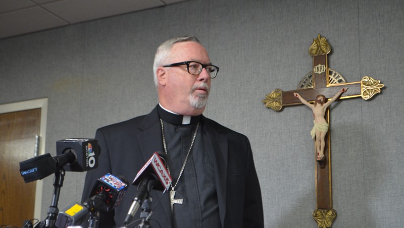 Bishop Christopher Coyne at a press conference on sex abuse in 2019