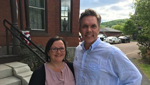 Democratic gubernatorial candidates Brenda Siegel and James Ehlers outside the Vermont Secretary of State's office