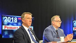 Gov. Phil Scott (left) and challenger Keith Stern during the first Republican primary debate of 2018