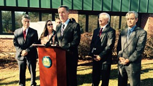 Gov. Peter Shumlin at a press conference in South Burlington on Monday