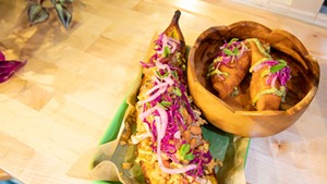 A stuffed canoa and empanadas at Caf&eacute; Mamajuana