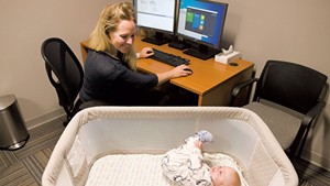 Jill Coombs and her daughter, Georgia, in the Babies at Work room at Twincraft's Winooski location