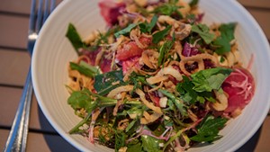 A chicory salad with salt-baked beets, watermelon radish, orange and toasted hazelnuts from Sup con Gusto