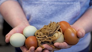 Farm-raised eggs and fresh pasta from Trenchers Farmhouse