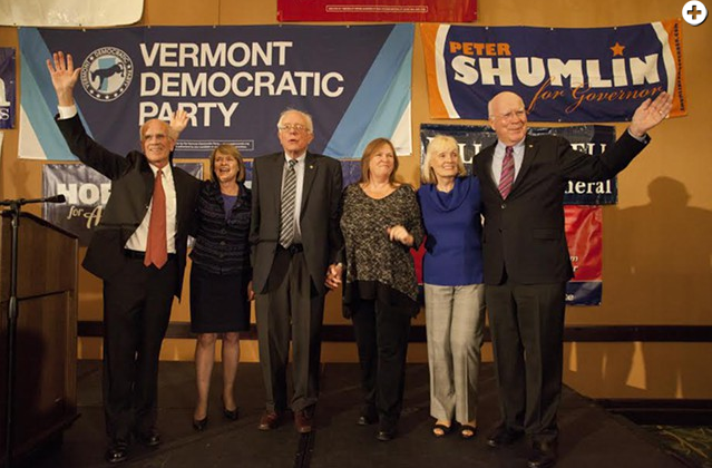 Congressman Peter Welch (left) joins Sen. Bernie Sanders (center) and Sen. Patrick Leahy (right) and their wives at an election night gathering in 2014. - MATTHEW THORSEN