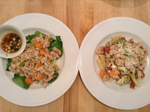 Ground Chicken & Bean Salad for adults, left; Ground Chicken & Bean Pasta for kids, right