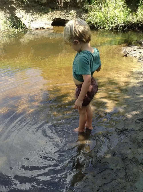 Theo Novak wading in Allen Brook