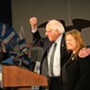 Sen. Bernie Sanders (I-Vt.) and Jane O'Meara Sanders at a campaign watch party in Des Moines, Iowa, on Monday night