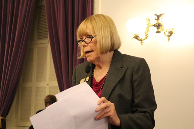 Rep. Jean O'Sullivan speaks to the House Democratic Caucus Thursday about an amendment to the tax bill. - PAUL HEINTZ